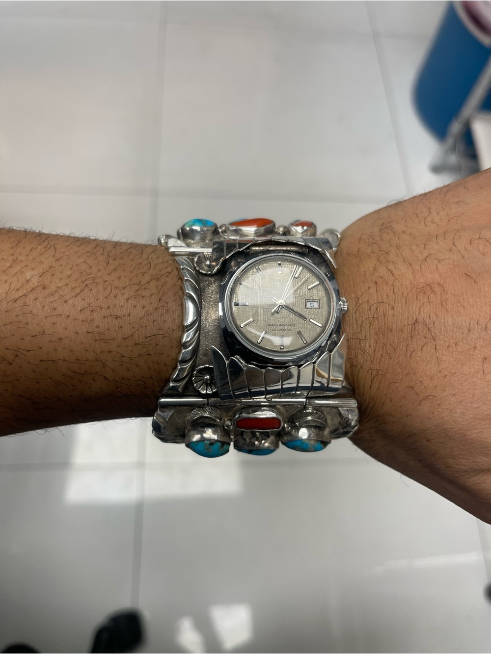 VTG Navajo Sterling Silver Turquoise Coral Watch Cuff Heavy 240g Timex